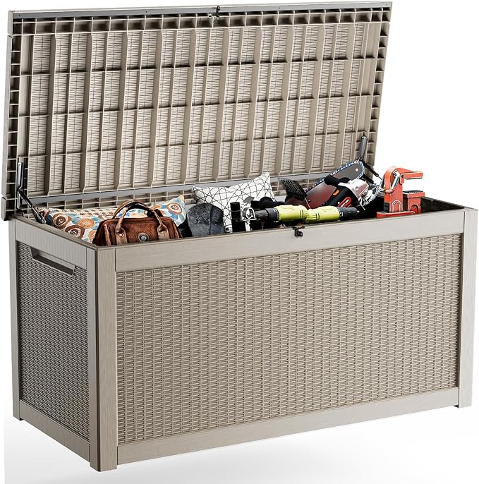 EasyUp 320 Gallon Outdoor Storage Box Waterproof, UV Resistant Resin Deck Box with Hydraulic Rod, Lockable Design and Enhanced Durability for Patio, Garden, and Poolside Use