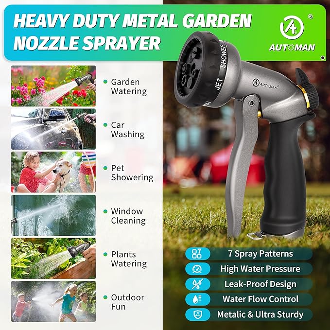 AUTOMAN Garden Hose Nozzle - 7 Patterns Sprayer, 100% Metal High Pressure Spray Nozzle, Labor-Saving Design, Heavy Duty Water Hose Nozzle for Garden Watering, Car Washing, Window Cleaning,Pets Bathing