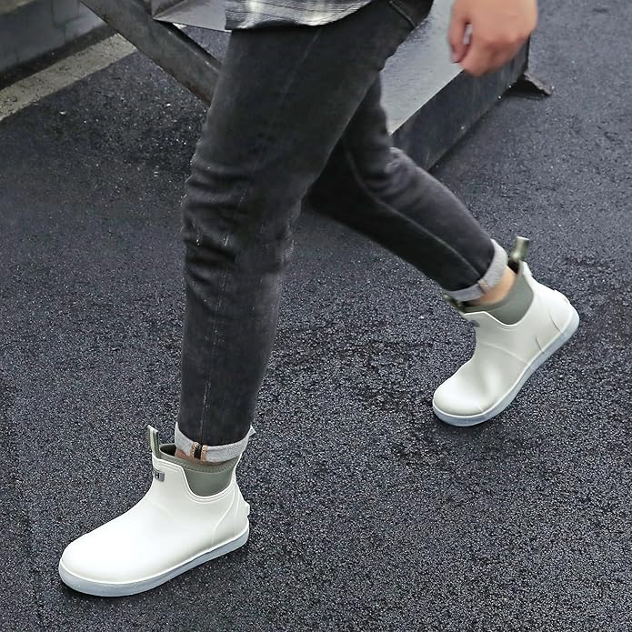 Mens Deck Boots, Saltwater Fishing Booties Rubber Waterproof Ankle Rain Boots, High-performance Footwear Chelsea Boots for Gardening Fishing Boating Camping Sailing