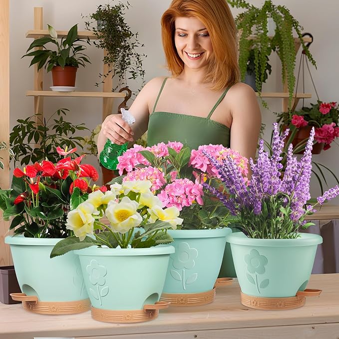 Plastic Plant Pots 10 Inch Set of 4, Self Watering Pots with Drainage Holes, Saucer & Reservoir, Flower Pots for Indoor/Outdoor Plants, Decorative Nursery Planting Pots (Green)