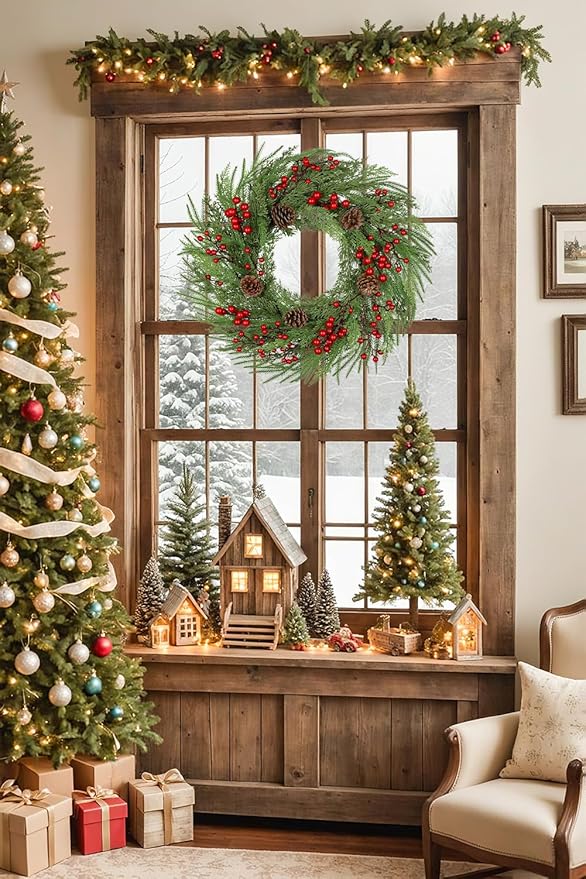 23 inch Norfolk Pine Wreath, Christmas Wreath for Front Door Christmas Door Wreaths with Red Berries Pine Cones Cedar Leaves Artificial Wreaths for Xmas Indoor Outdoor Decorations