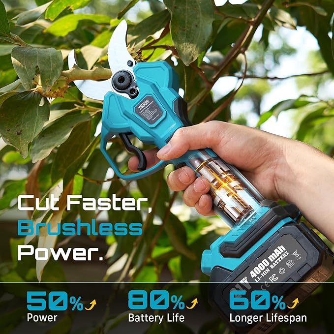 SEESII Pole Electric Pruning Shears: 1.8" Cutting Diameter 2-in-1 Cordless Power Pruner - Brushless Motor, Dual 4.0Ah Batteries, Extra SK5 Blade, 4 Modes Adjustable Branch Cutter for Garden Trimming