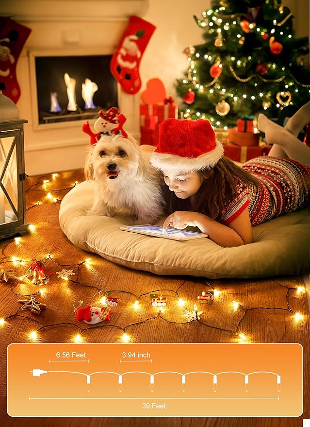 LED Christmas Mini Lights, 2 Pack 39 Feet 100 LED Clear Bulbs String Light with 8 Light Modes, Connectable Fairy Lights Plug in for Outdoor Xmas Trees Garland Wreath Holiday Decorations, Warm White