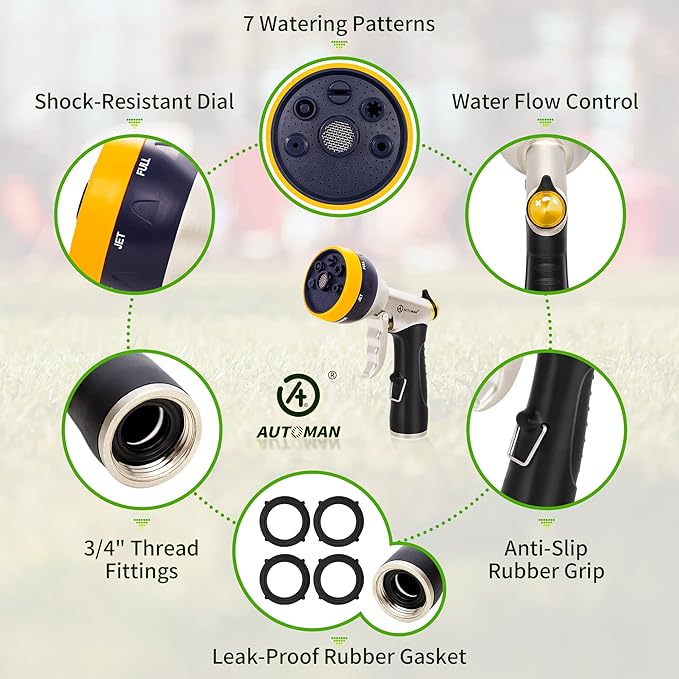 AUTOMAN Garden Hose Nozzles - High Pressure 100% Metal Hose Sprayer 2 Pack, Heavy Duty Garden Watering Nozzle Set, Powerful Garden Nozzle for Watering Plants, Window Cleaning,Washing Cars,Pets Bathing