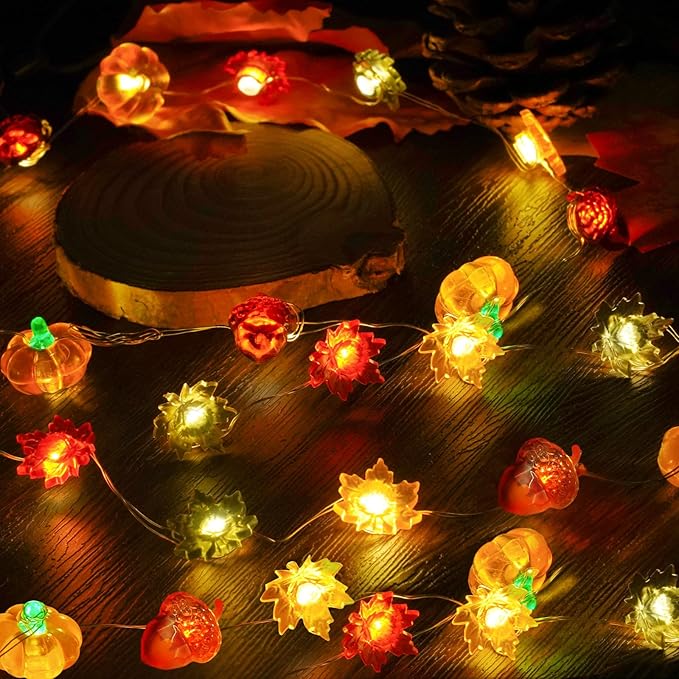 2 Pack 60LED Fall Decoration 3D Pumpkin Acorn Maple Leaf String Light Battery Operated, 20FT Fall Lights with Remote, Waterproof 8 Modes Fairy Lights for Autumn Harvest Thanksgiving Halloween Decor