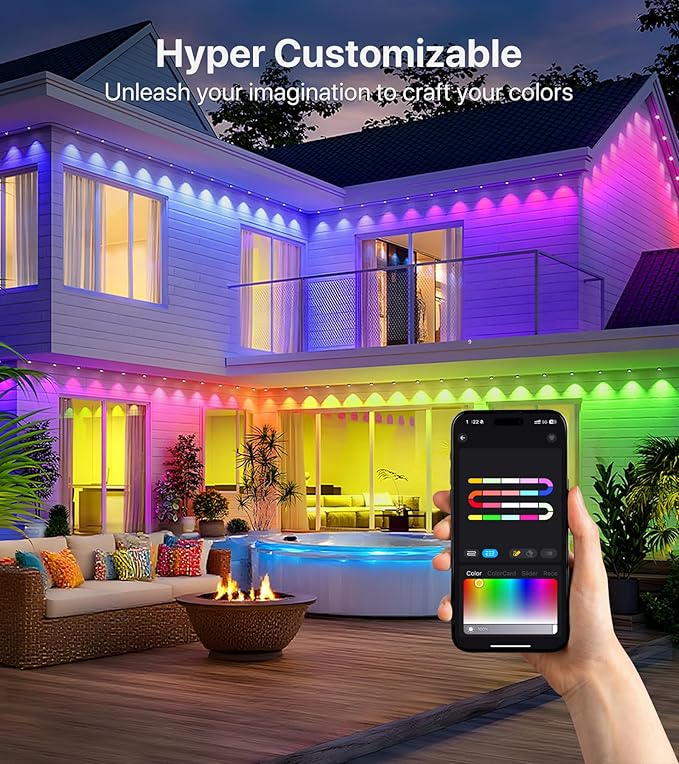 Permanent Outdoor Lights,50FT RGB+IC LED Lights with Smart APP & Remote Control, 72 Scene Modes, Waterproof IP65 for Holiday,Christmas,Yard Decorations