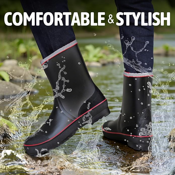 Women's Ankle Rain Boots - Slip On Waterproof Festival & Garden Shoes for Men - Comfortable Lightweight Rubber Wellies with Decorative Buckle
