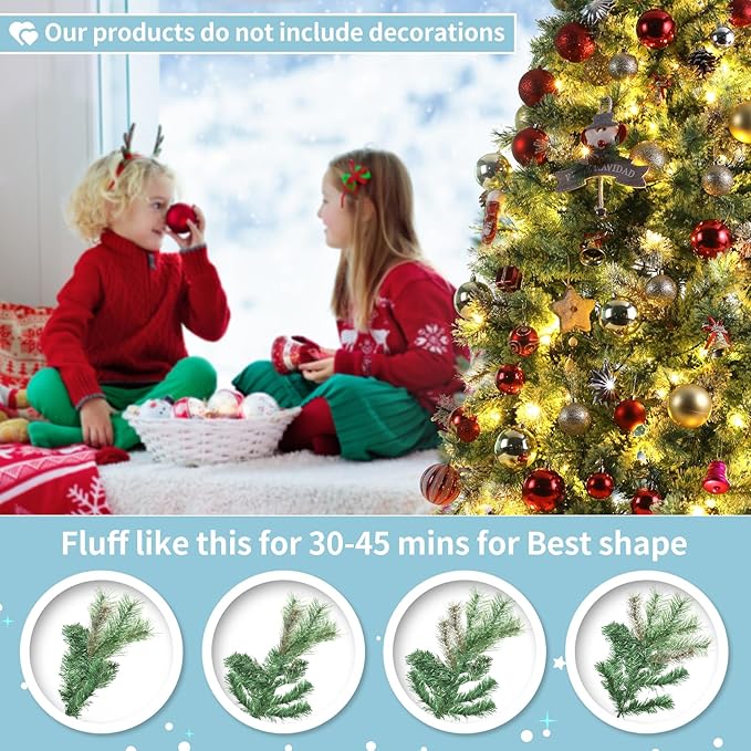 Arlopu 6ft Pre-lit Artificial Cashmere Christmas Tree, Snow Flocked Prelighted Pine Needle Xmas Tree, W/Warm White Lights, Tips, Foldable Metal Base for Home Store Party Holiday Decoration