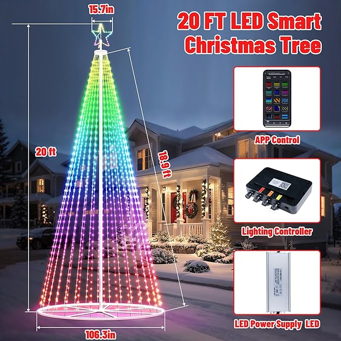 20FT Outdoor Christmas Tree - Smart Christmas Tree Outdoor Lighted Decoration, X-mas Star Tree Bluetooth App Control Color Changing DIY X-mas Tree Light for Yard & Garden