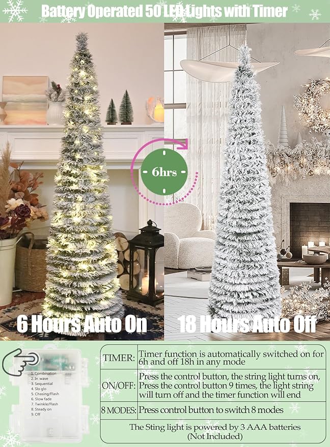 HMASYO 5 FT Pop Up Christmas Tree with Timer Lights, Collapsible Snow Flocked Pencil Christmas Tree, Artificial Slim Xmas Tree for Indoor Home Apartment Porch Holiday Party Decorations