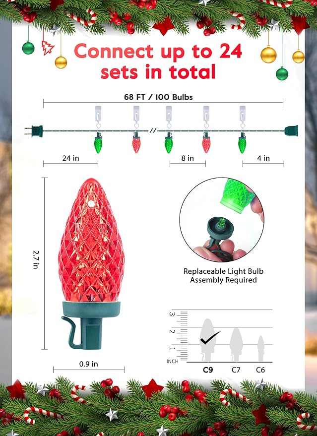 C9 LED Christmas Lights Outdoor, 68 Ft 100 LED C9 String Lights with 100 All in One Clips, Connectable Waterproof Christmas Tree Lights for Outside Roofline Backyard Garden Decor, Red & Green