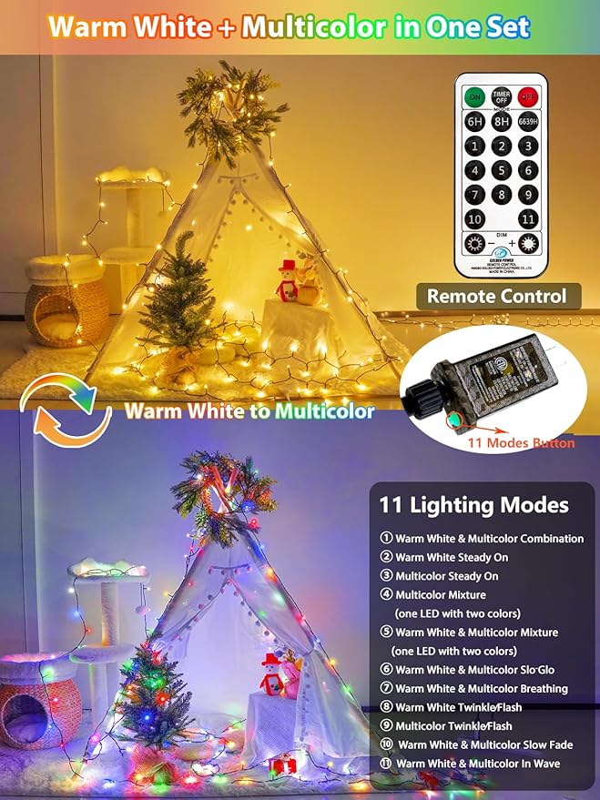 500 LED 165 FT Color Changing Christmas Lights with Remote and Timer, Fairy String Lights with 11 Lighting Modes & Memory Function Waterproof for Xmas Tree Holiday Party Decor(Warm White & Multicolor)