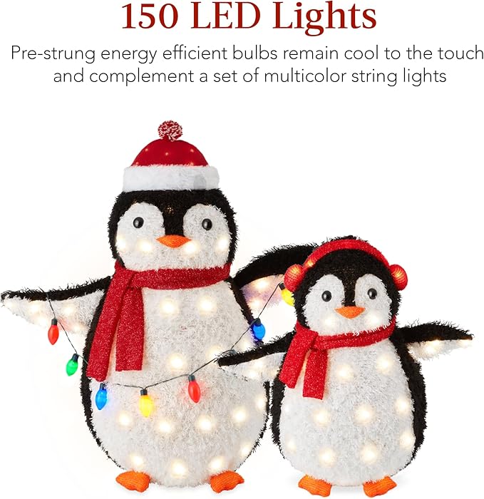 Best Choice Products 2-Piece Lighted Penguin Family, 3ft Pop-Up Outdoor Christmas Holiday Decoration w/ 150 LED Lights, Multicolored Lights - Red