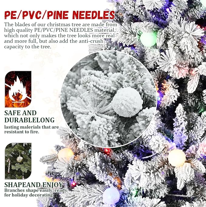 7ft Flocked Christmas Tree with 500 Multi-Color Lights, Pine Cones & 1124 Tips, Auto Hinged Easy Setup Full Prelighted Fake Tree