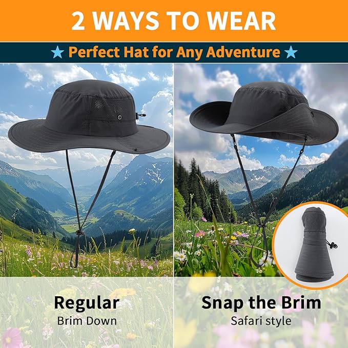Home Prefer UPF50+ Mens Sun Hat Wide Brim Womens UV Protection Beach Bucket Hat for Fishing Hiking Snap Up Cowboy Hat