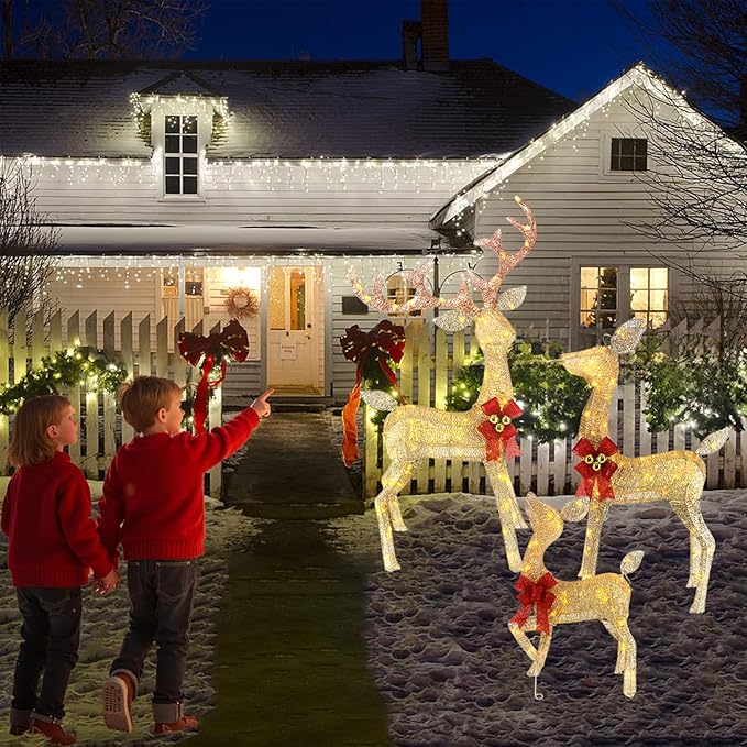 Outdoor Christmas Reindeer with Lights, 4ft Tall Set of 3 Deer with 240 LEDs, Ground Stakes, Perfect as Vintage Christmas Home Decor for Patio, Lawn, and Outdoor Party Decorations, Gold