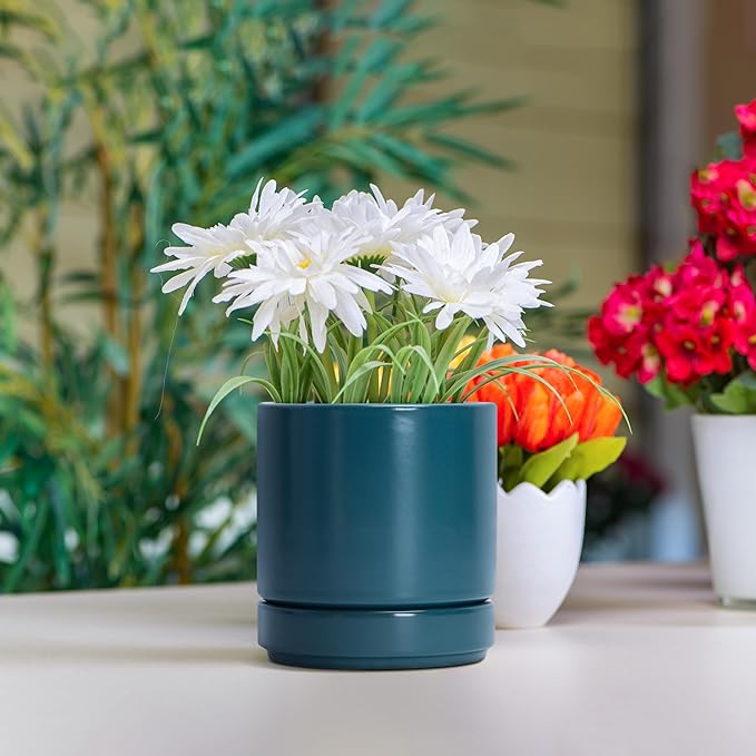 D'vine Dev 4.7 Inch Ceramic Planter Pot with Drainage Hole and Saucer, Indoor Cylinder Round Planter Pot, Teal, 94-O-B-9