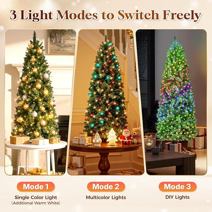 HOLLO STAR 4.5 ft Prelit Christmas Tree with 148 LED Lights, App Control, Artificial Pencil Christmas Tree with Multi-Color RGBW Lights, 330 Branch Tips, Skinny Xmas Tree, Metal Base, for Home, Party