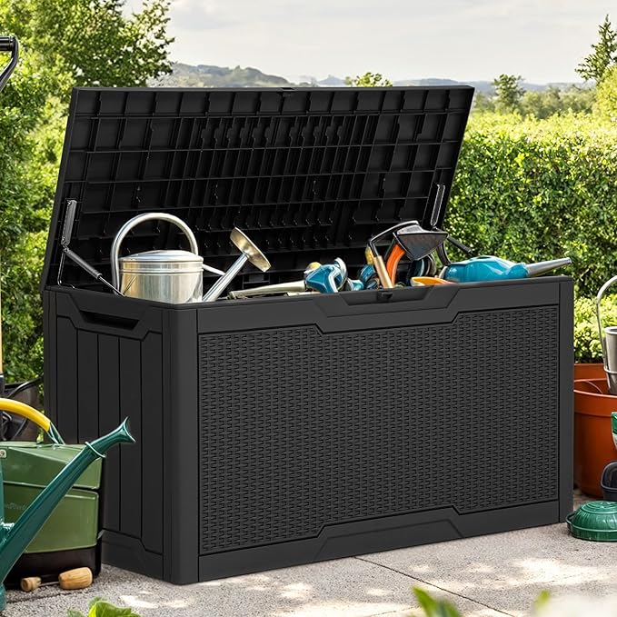 YITAHOME 80 Gallon Resin Deck Box, Weather Resistant Outdoor Rattan Storage Box, Lockable Indoor Outdoor Storage for Supplies and Essentials, Black