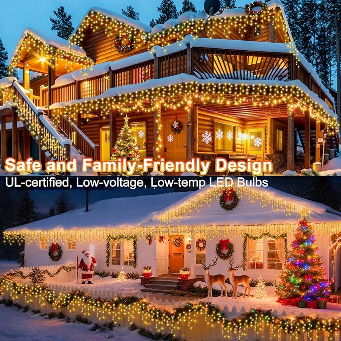 KNONEW 33FT 400 LED Christmas Lights Outdoor Black Wire String Lights with 75 Drops, 8 Lighting Modes, Timer Memory Function Connectable Hanging Curtain Lights for Halloween Party Decor (Warm White)