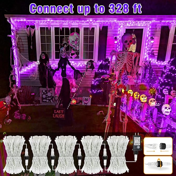 66FT 200 LED Outdoor String Lights, Purple Halloween Lights Waterproof 8 Modes, Connectable Halloween Decorations Lights Clear Wire for Indoor House Bedroom Tree Patio Garden Party