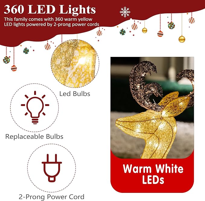 Shintenchi 3-Piece LED Lighted Christmas Deer Outdoor Yard Decorations, 3D Super Large Christmas Reindeer Decor, Outdoor Lighted Holiday Deer with 360 LED Displays for Front Yards Garden Lawn Patio