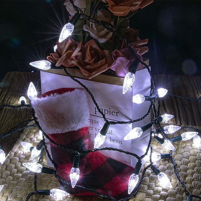 AWQ 100LED 33 FT C6 Christmas String Lights Plug in Fairy Twinkle String Lights 8 Modes Timer Function Waterproof Extendable for Indoor Outdoor Wedding Party Christmas Decoration (100, White)