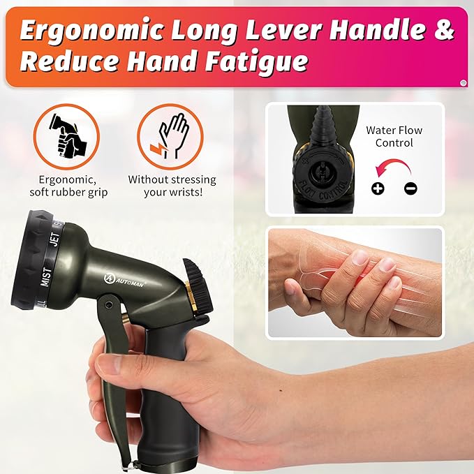AUTOMAN Garden Hose Nozzle - 7 Patterns Sprayer, 100% Metal High Pressure Spray Nozzle, Labor-Saving Design, Heavy Duty Water Hose Nozzle for Garden Watering, Car Washing, Window Cleaning,Pets Bathing