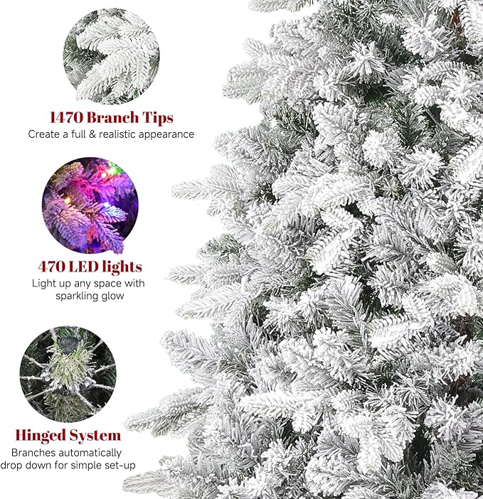 Pre-Lit Artificial Christmas Tree, 7.5FT Snow Flocked Full Appearance Pine Xmas Tree with Rotating Metal Stand, 470 Warm & Multi-Color LED Lights with Music Function for Holiday Decoration