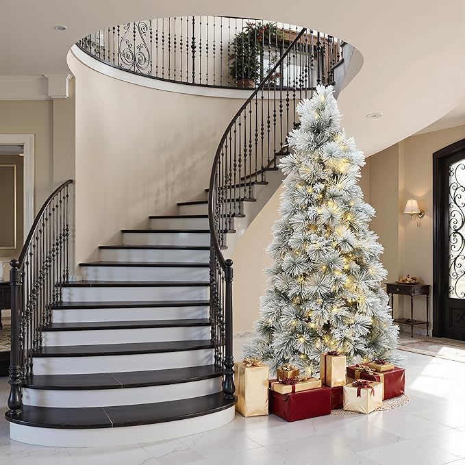 LuxenHome 6.5FT Christmas Tree with Lights, Flocked Pine Tree with 350 LED Lights, Full Downswept Christmas Trees with Lights and Metal Stand for Living Room, Entryway Holiday Decor