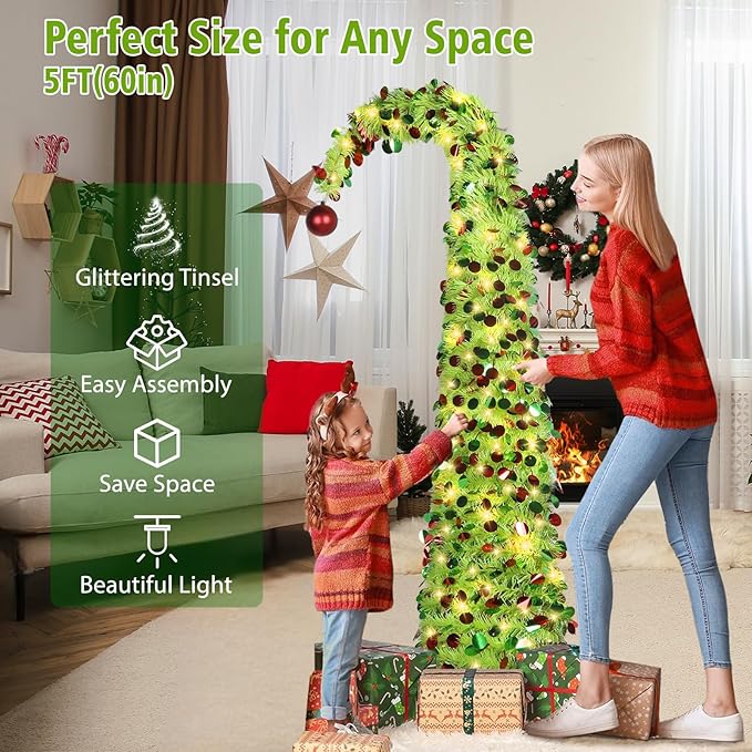 HMASYO 5 FT Whimsical Pop Up Christmas Tree with Timer Lights, Lime Green Christmas Tinsel Tree Collapsible Artificial Pencil Tree for Indoor Home Apartment Porch Holiday Party Decorations