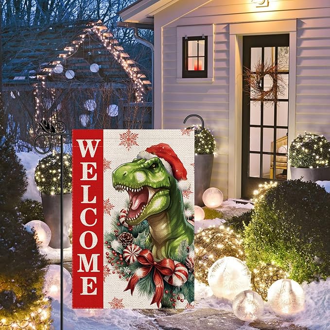 Christmas Garden Flag Welcome Xmas Dinasour Winter Holiday Decorations Burlap Vertical Double Sided Farmhouse Yard Lawn Outdoor Decor 12.5 x 18 Inch