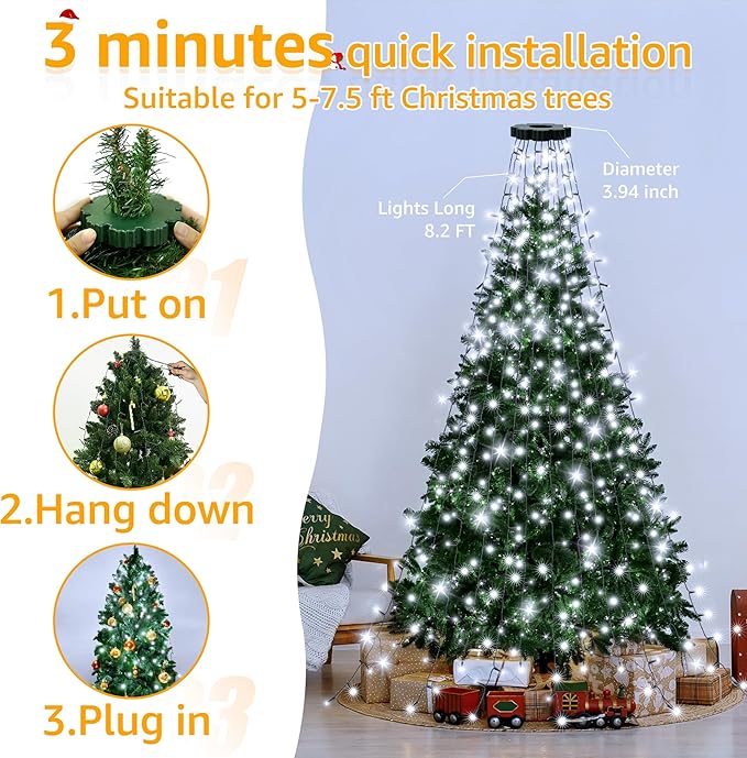 Christmas Tree Lights with Remote, 300 LED 8 Lights Modes with Timer& Memory Function, White Christmas Lights Waterproof for Outdoor Indoor Christmas Decorations