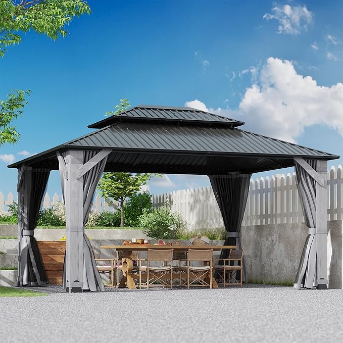 12'x16' Hardtop Wood Gazebo, Outdoor Double Roof Galvanized Steel Top Gazebo with Wooden Post, Curtains & Netting for Backyard, Patio, Deck (12x16 FT)