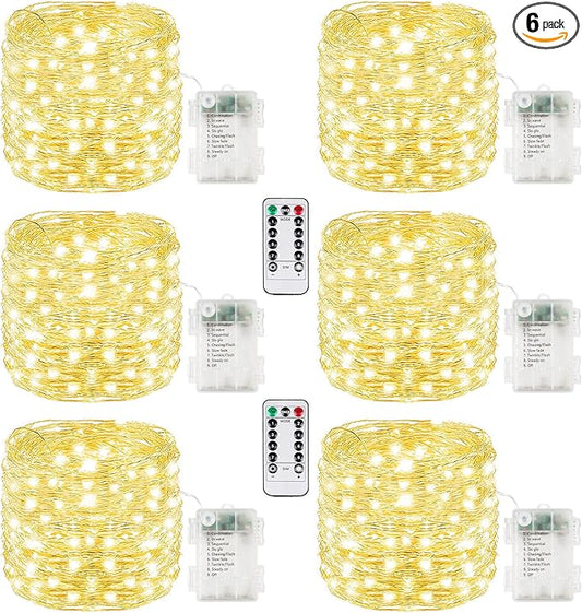 6 Pack Christmas Fairy Lights Battery Operated with Remote, 33FT 100LED Waterproof Twinkle Lights with Timer, String Light Indoor & Outdoor for Bedroom Wedding Christmas Decoration(Warm White)