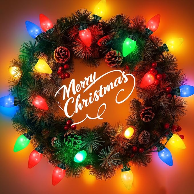 C7 60 LED Battery Operated Christmas Lights,Battery Powered Multicolor Waterproofing Bulbs,21.3 FT 8 Modes with Auto On/Off Time for Xmas Tree Garden Patio Indoor Outdoor Christmas Decorations