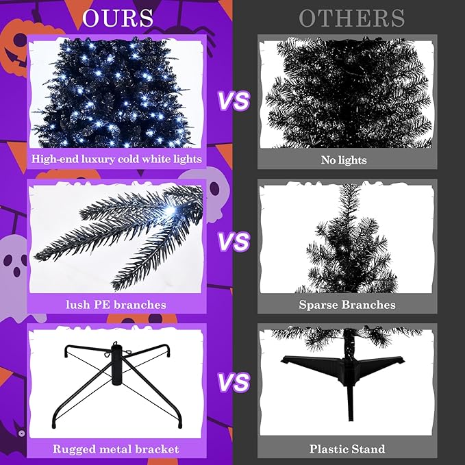 7FT PreLit Black Christmas Tree with 450 Lights, Artificial Fake Christmas Tree with 1916 PE&PVC Branch Tips, Halloween and Xmas Tree for Holiday Decorations, Metal Stand and Hinged Branches