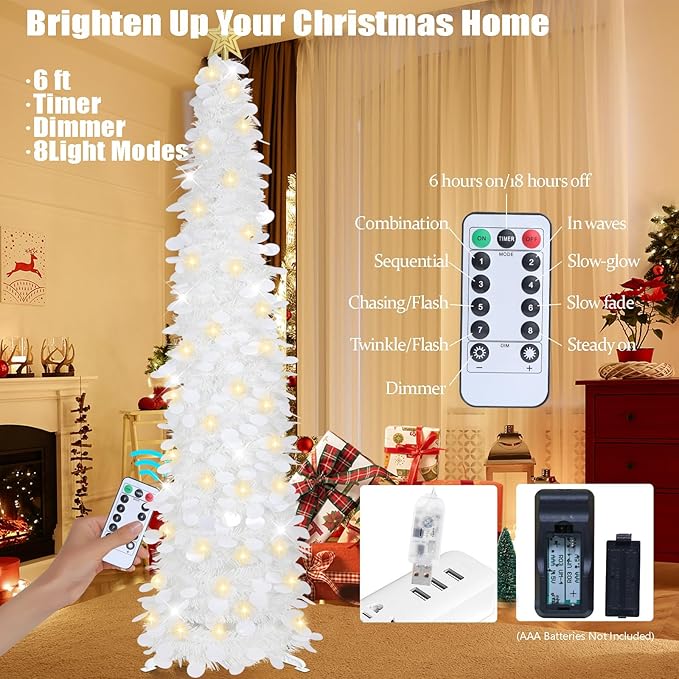 HMASYO 6 FT Pop Up Christmas Tree with 100 LED Lights & Remote, White Christmas Tinsel Tree, Collapsible Artificial Pencil Tree for Home Office Party Decor, USB Powered Timer Lights, Easy Assembly