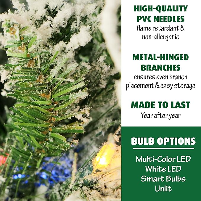 Fraser Hill Farm 6.5-Feet Pre-Lit Snow Flocked Snowy Pine Artificial Christmas Tree with Dual Multicolor & Warm White LED Lights, Full Silhouette, Realistic Foliage, Stand Included