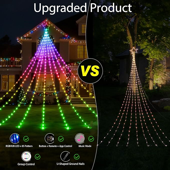 Probro 12ft Outside Waterfall Christmas Tree Lights, App Remote-Controlled RGB Christmas Shooting Star Lights with Music Sync, 85 Dynamic Effects & DIY Mode for Outdoor Xmas New Year Yard Decor