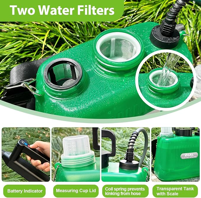 Battery Powered Sprayer 2 Gallon, 2025 New Electric Garden Sprayer with 3 Spray Force, Battery Indicator, Rechargeable Handle, 23.6" Telescopic Wand,4 Mist Nozzles,Shoulder Strap, for Lawn and Garden