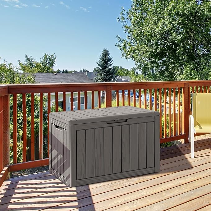 45 Gallon Waterproof Deck Box, Lockable Resin Storage Box for Patio Furniture Cushions Garden Tools and Outdoor Delivery Storage, Coffee