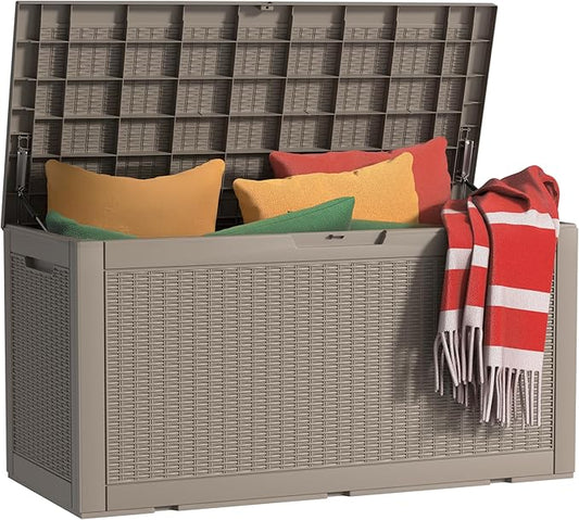 100 Gallon Outdoor Deck Box,Storage Lockable Waterproof Patio Furniture,Garden Tools,Cushions,Pool Accessories Outside Storage Resin Box(Grey)