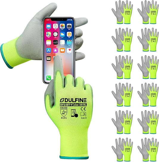 DULFINE Safety Work Gloves PU Coated for Men and Women-12 Pairs,Hi-Vis Seamless Knit Glove with Two Fingers Touchscreen,Ideal for General Duty Work (Extra Large)
