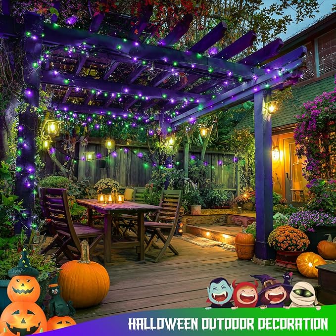 JMEXSUSS 250 LED Purple and Green String Lights Outdoor Waterproof with 8 Modes for Party Garden Patio Halloween Decorations
