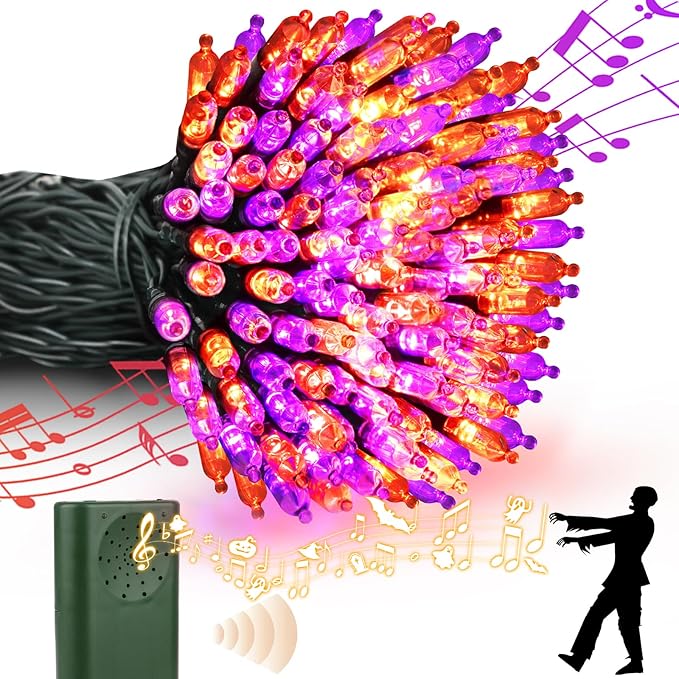 Halloween Lights 33ft 100 LED Battery String Lights with Motion Sensor Spooky Music or Battery Powered Orange & Purple 2 Colors in 1 Halloween Indoor Outdoor Decor