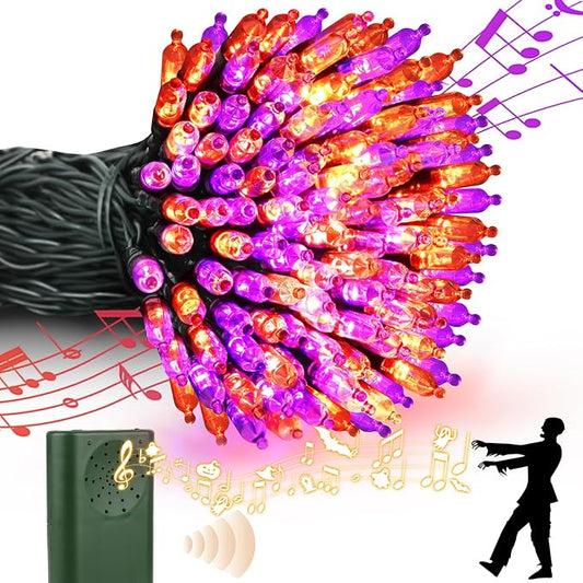 Halloween Lights 33ft 100 LED Battery String Lights with Motion Sensor Spooky Music or Battery Powered Orange & Purple 2 Colors in 1 Halloween Indoor Outdoor Decor