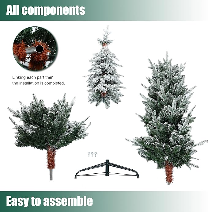LuxenHome 7FT Flocked Christmas Tree, Unlit Downswept Slim Pencil Christmas Tree with 557 PE+PVC Brand Tips, Tall Artificial Christmas Trees with Stand for Indoor, Outdoor Holiday Decorations