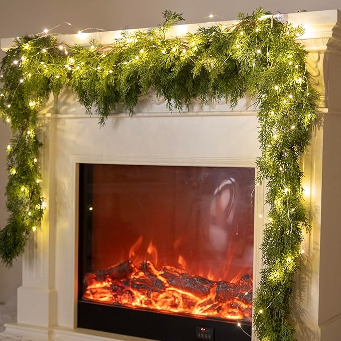 6FT Christmas Garland PARTY JOY Cedar Garland with 9.8FT LED String Lights, Greenery Plant for Christmas Decorations Table Mantle Background Wall Room Outdoor Indoor Winter Decoration