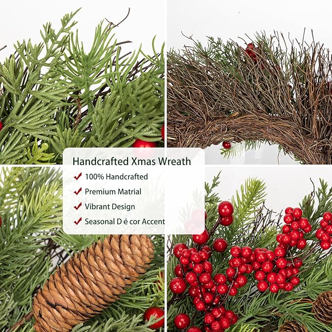 20 inch Christmas Wreath, Christmas Wreath for Front Door Christmas Door Wreaths with Red Berries Pine Cones Cedar Leaves Aritificial Wreath for Christmas Indoor Outdoor Decorations